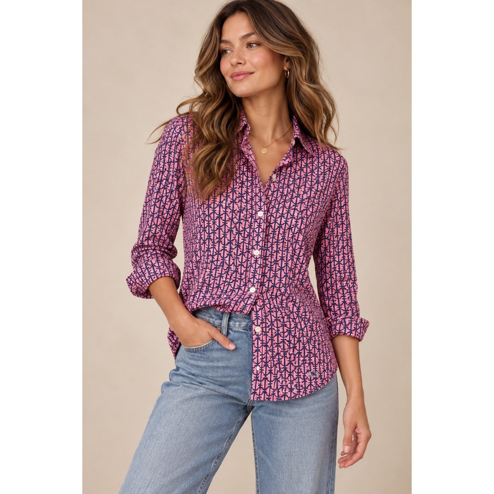 Vineyard Vines Pink Navy Anchor Print Cotton Button Down Shirt Womens 10